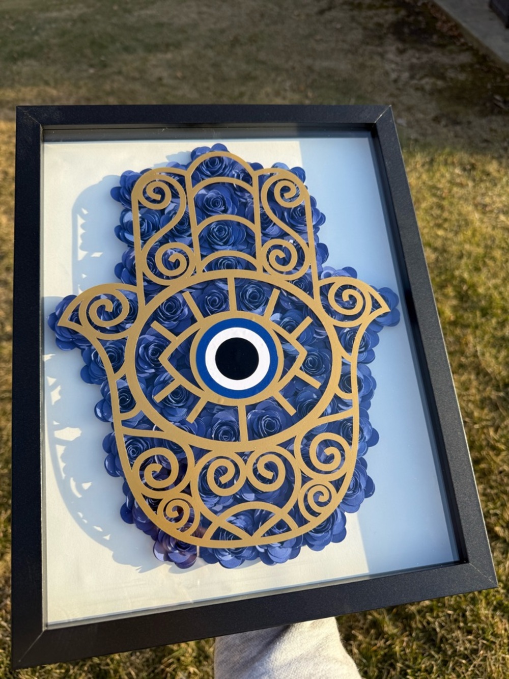 Handcrafted Hamsa Wall Art with Blue Roses